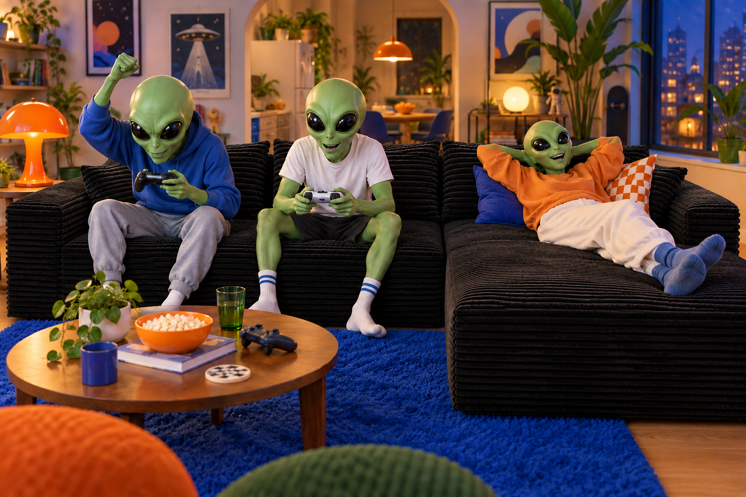 Three adult alien roommates hanging out on a black corduroy couch